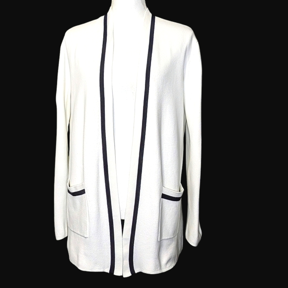 J CREW TIPPED PREPPY MINIMALIST 100% COTTON OPEN FRONT CARDIGAN SWEATER …